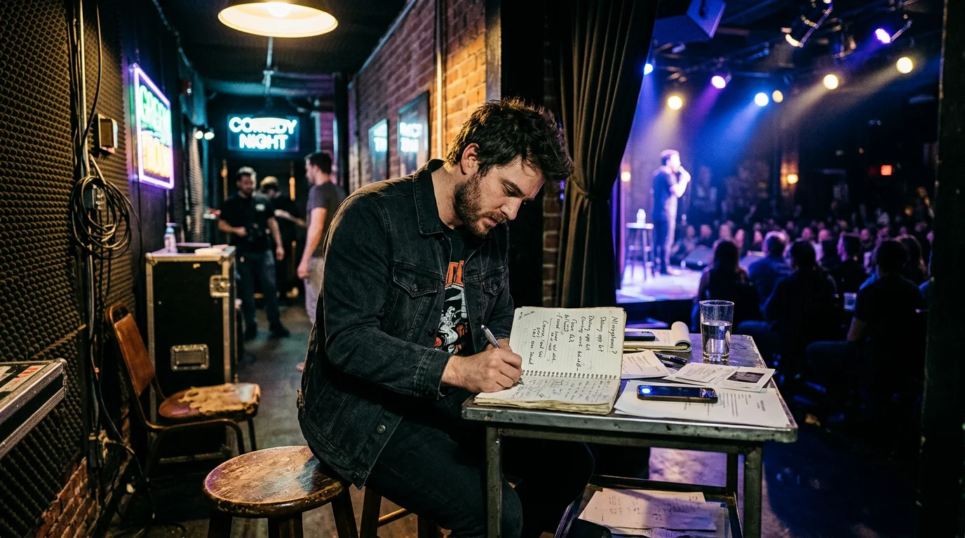 comedian writing material in notebook backstage at comedy club