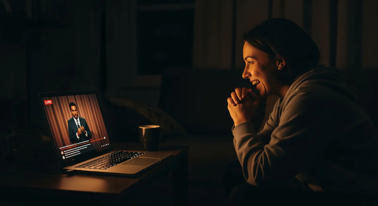 Person on couch watching live stand-up comedy stream from the Comedy Cellar on their laptop, leaning forward and laughing in the glow of the screen