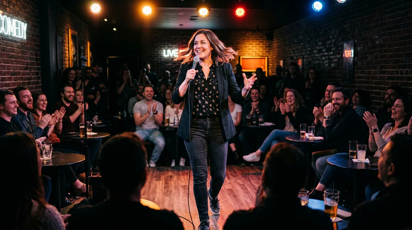 comedian delivering tight set on small comedy stage