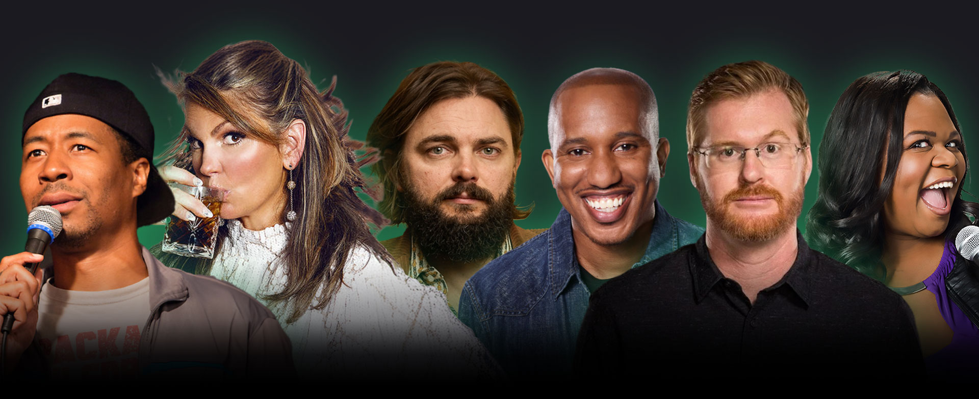 Six diverse comedians posing together on a promo banner, each with a microphone and smiling against a dark green backdrop.