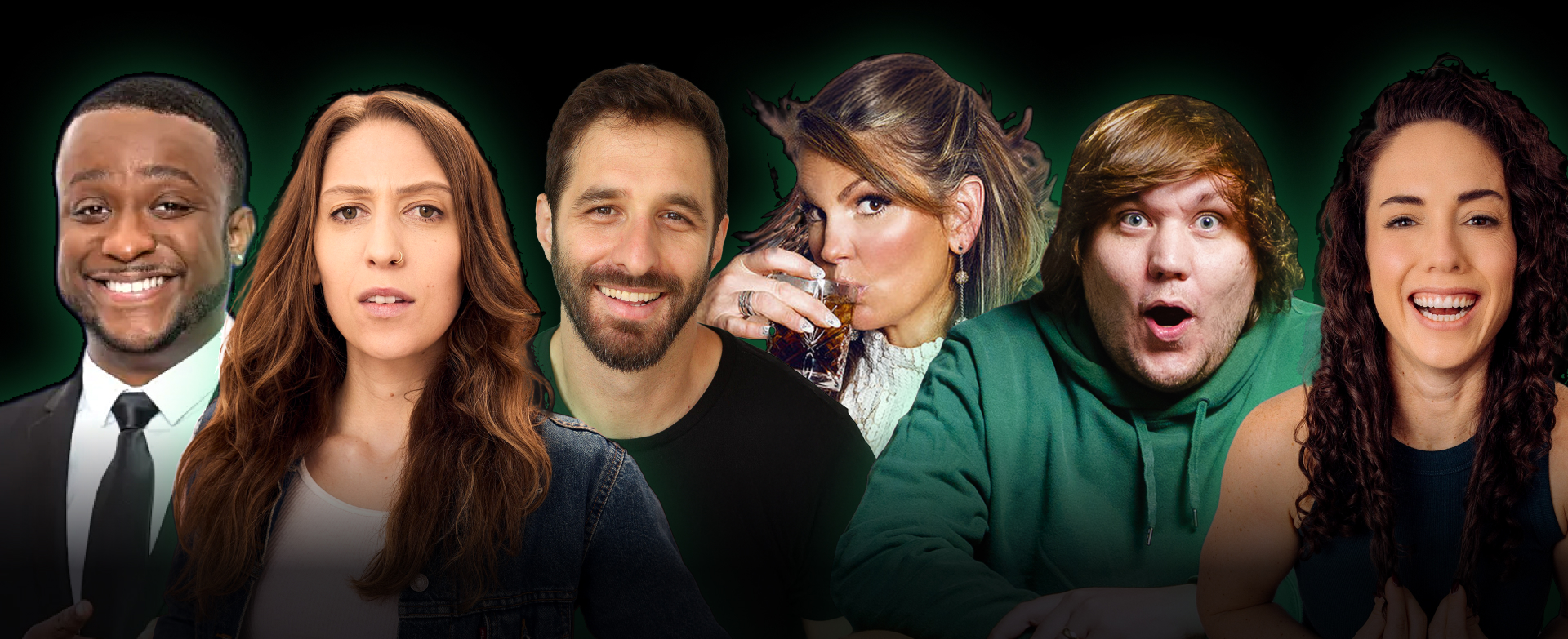 Six people of varied backgrounds posing together in a group photo against a dark green glow backdrop, smiling and looking at the camera.